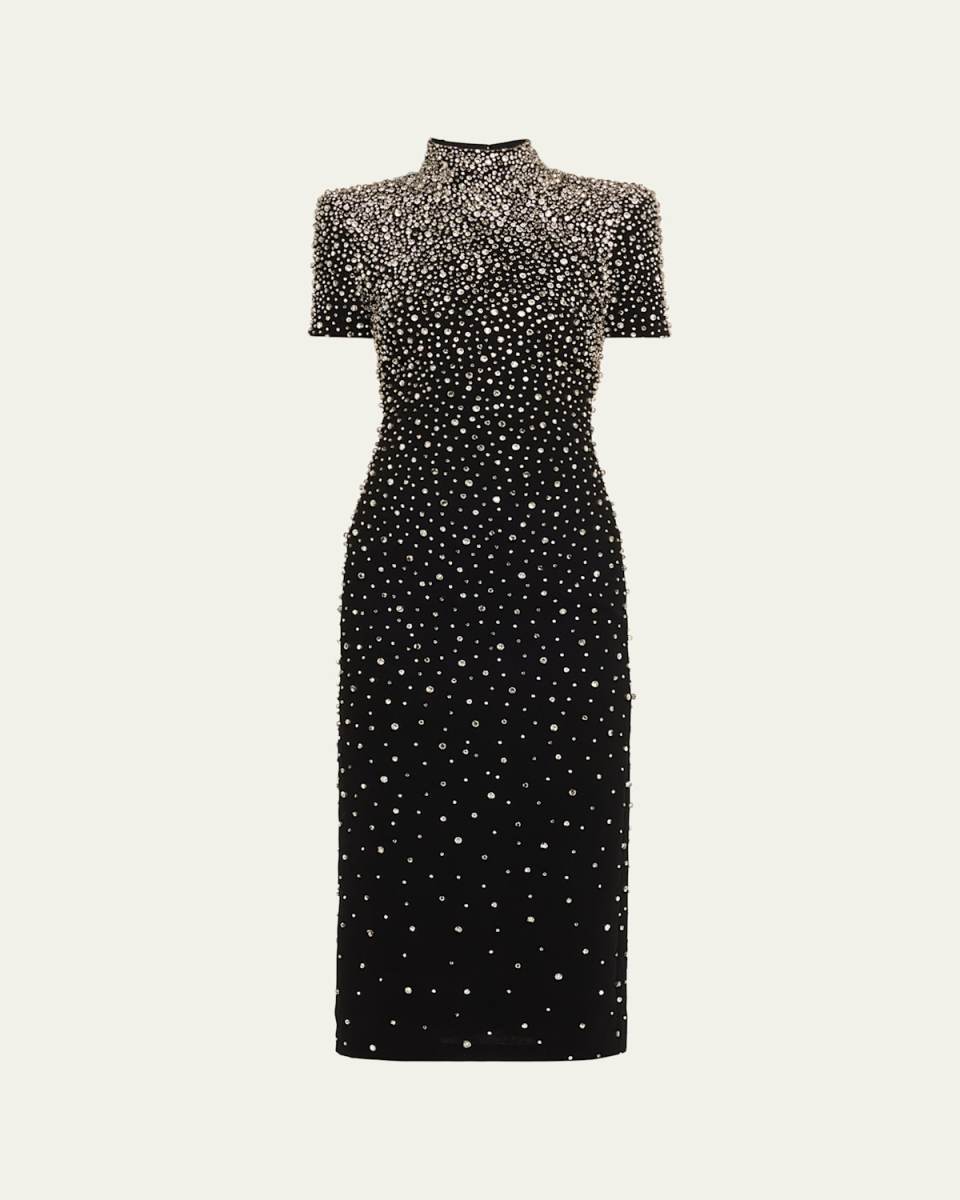 Mock-Neck Crystal Velvet Short-Sleeve Midi Dress